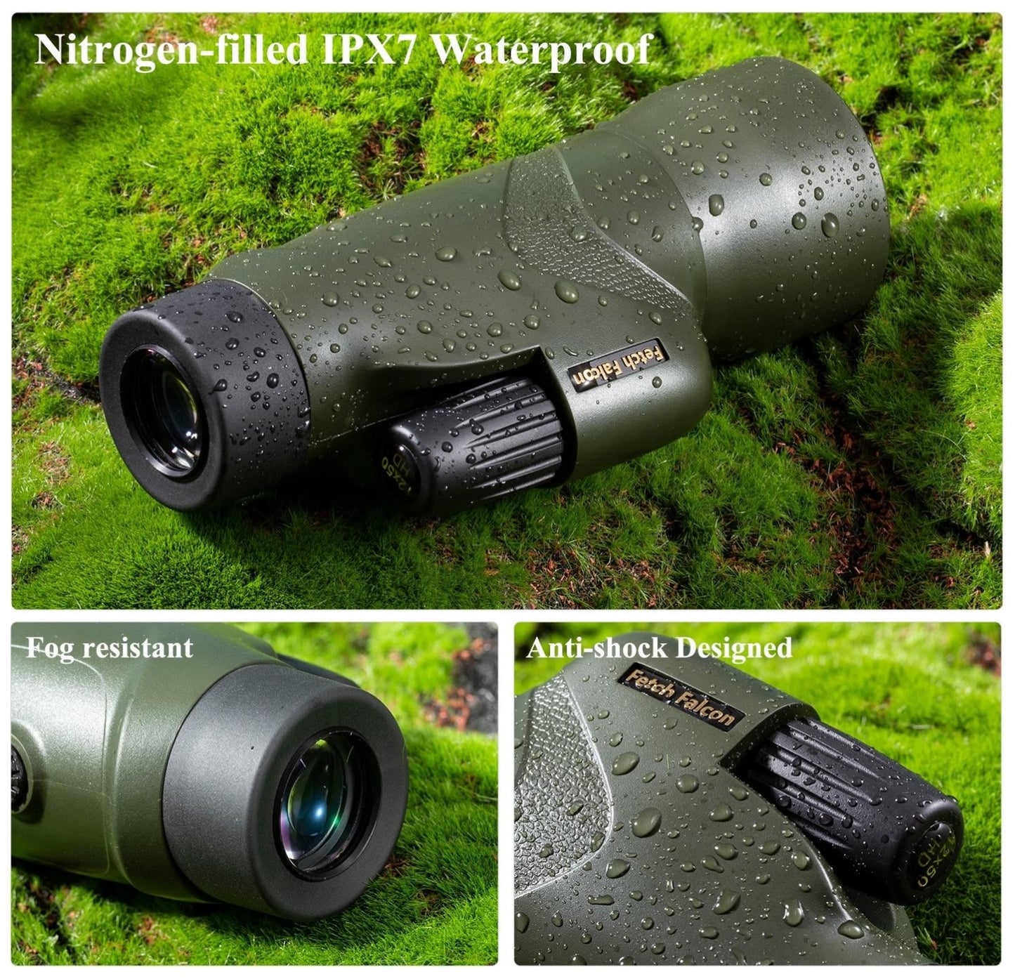 Fetch Falcon 12x50 IPX7 Waterproof Monoculars with Phone Holder, Tripod, Hand Strap – BAK4 FMC Optics, HD Army Green (Submersible Under 1M for 30 Minutes NO Leak)