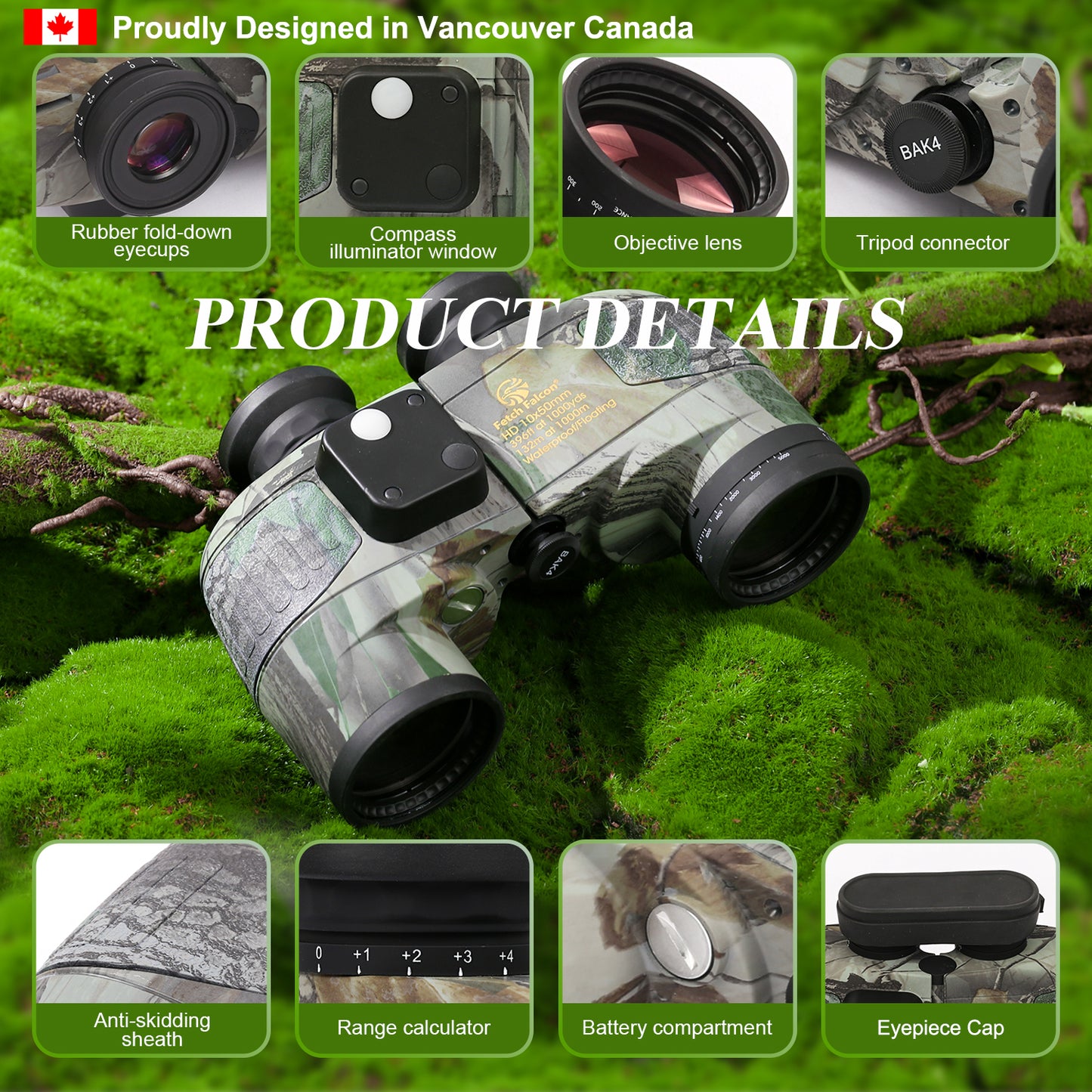 10x50 BAK4 FMC Marine Binoculars - Nitrogen-Filled, IPX7 Waterproof, with Rangefinder, Digital Compass, Temperature Display, Harness (Camouflage Cloak)