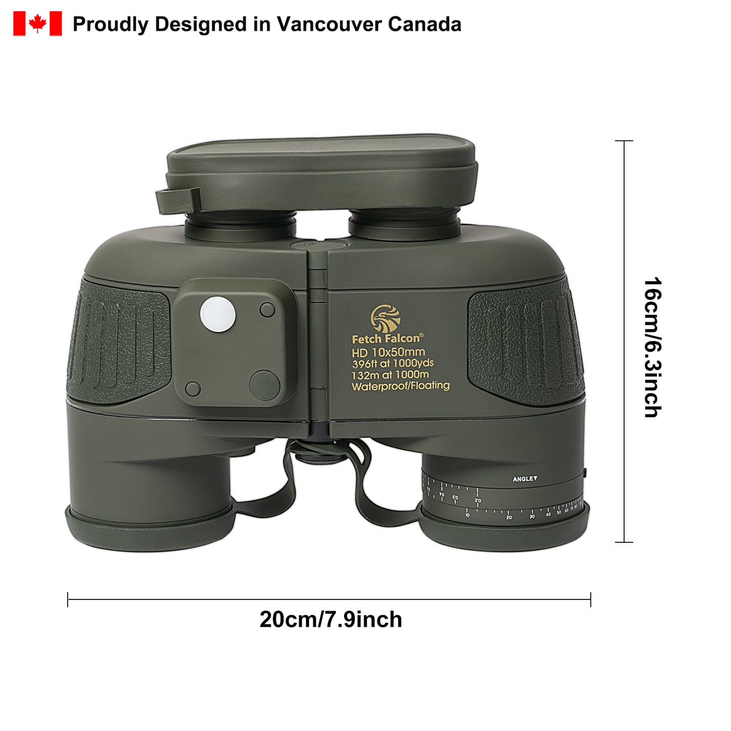 10x50 BAK4 FMC Marine Binoculars - Nitrogen-Filled, IPX7 Waterproof, with Rangefinder, Digital Compass, and Temperature Display (Army Green)
