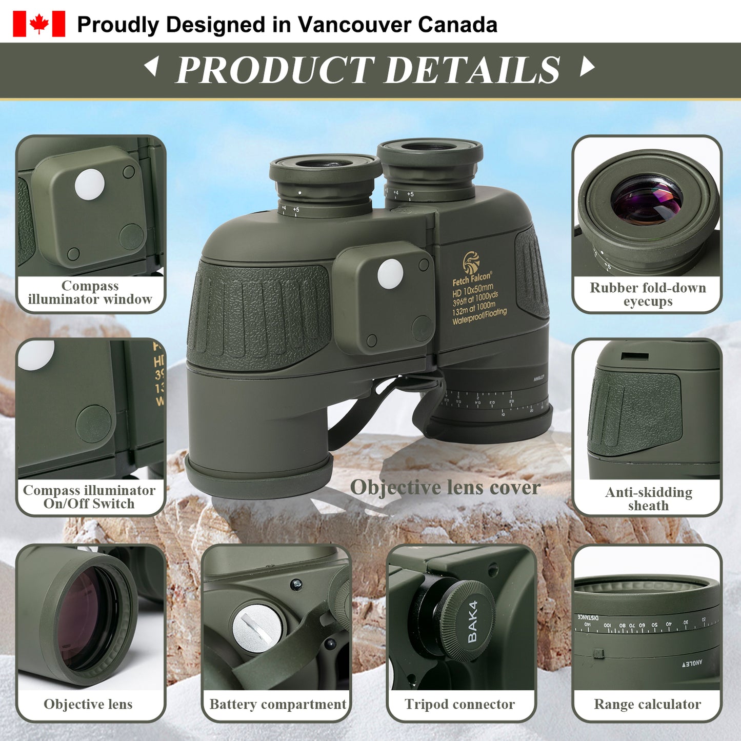 10x50 BAK4 FMC Marine Binoculars - Nitrogen-Filled, IPX7 Waterproof, with Rangefinder, Digital Compass, and Temperature Display (Army Green)