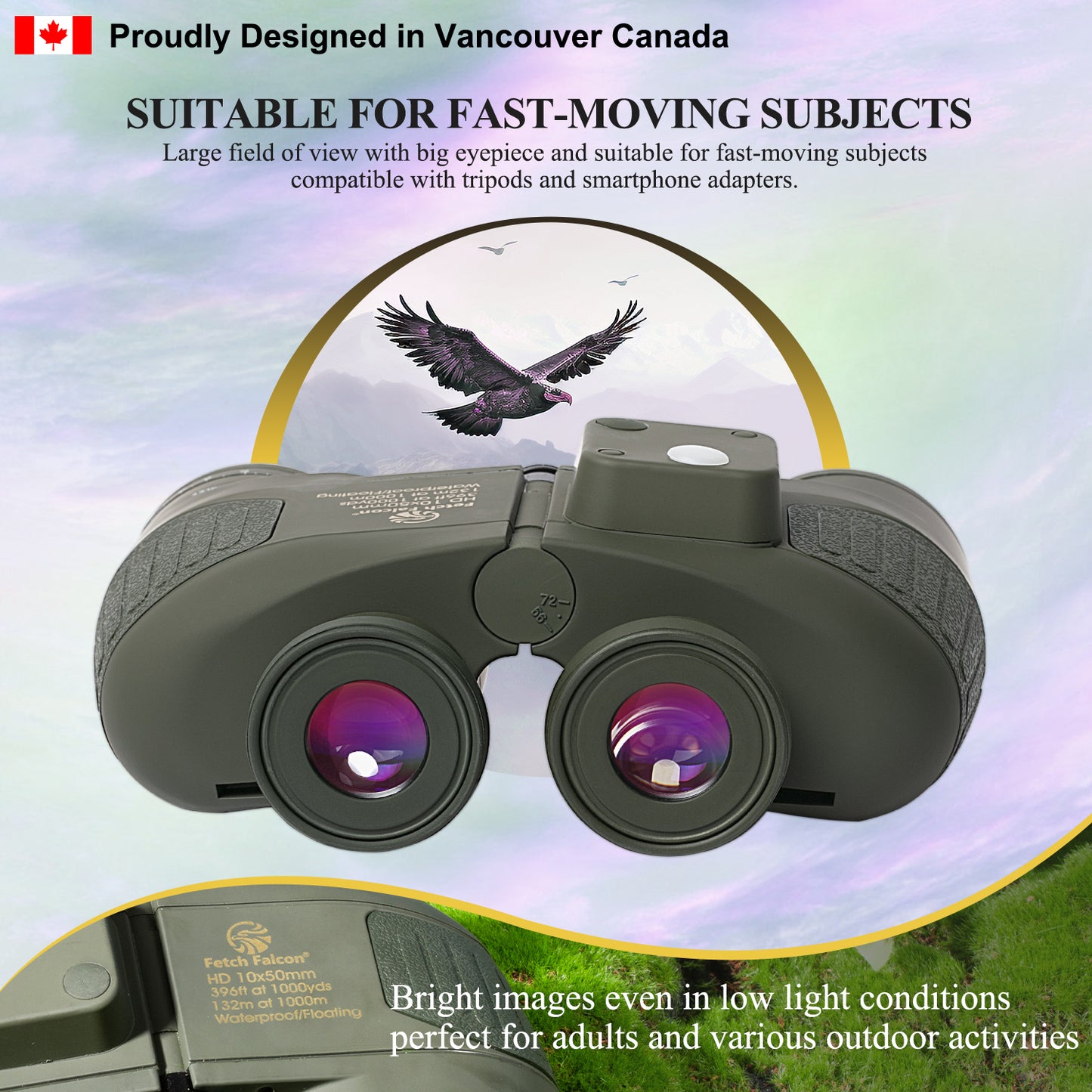 10x50 BAK4 FMC Marine Binoculars - Nitrogen-Filled, IPX7 Waterproof, with Rangefinder, Digital Compass, and Temperature Display (Army Green)
