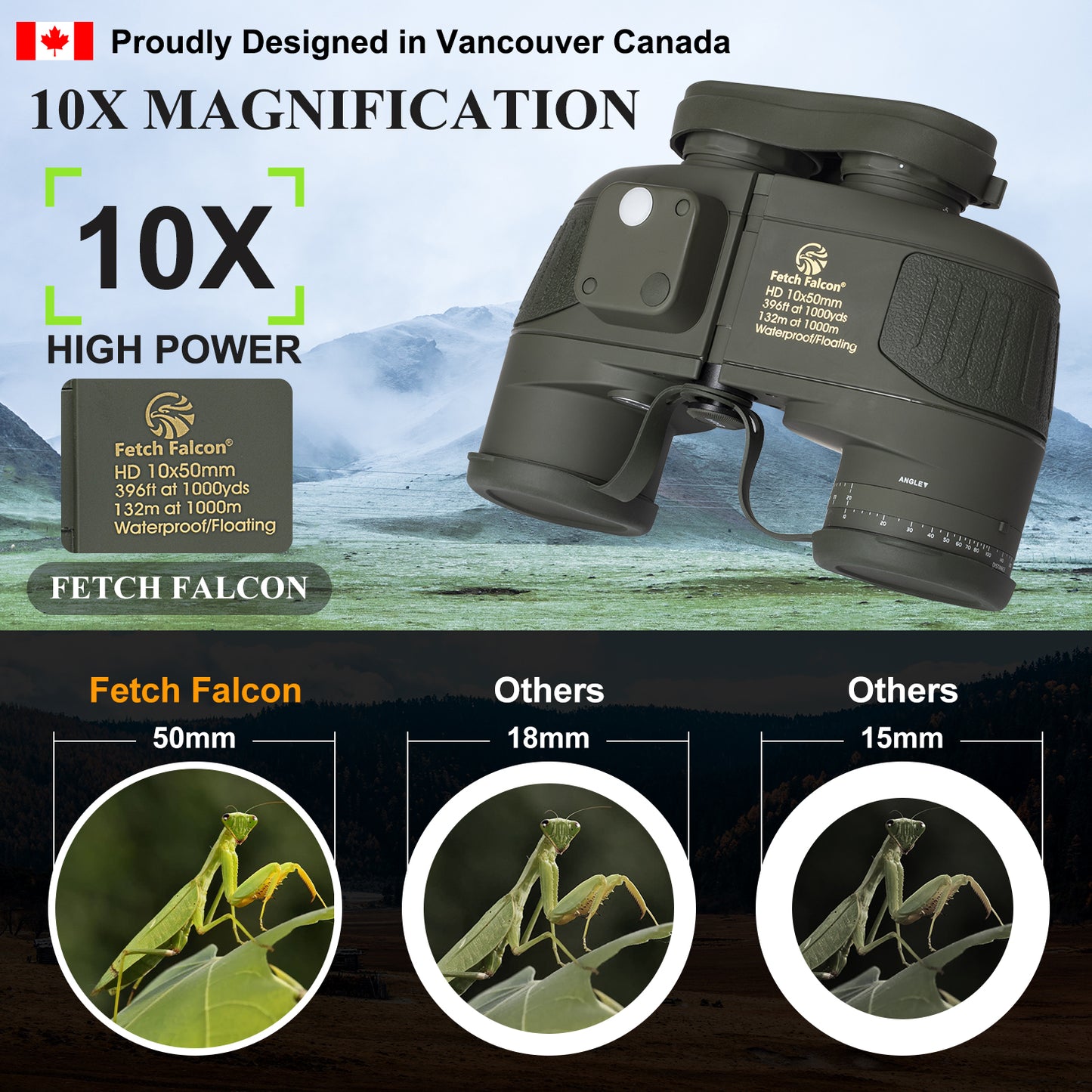 10x50 BAK4 FMC Marine Binoculars - Nitrogen-Filled, IPX7 Waterproof, with Rangefinder, Digital Compass, and Temperature Display (Army Green)