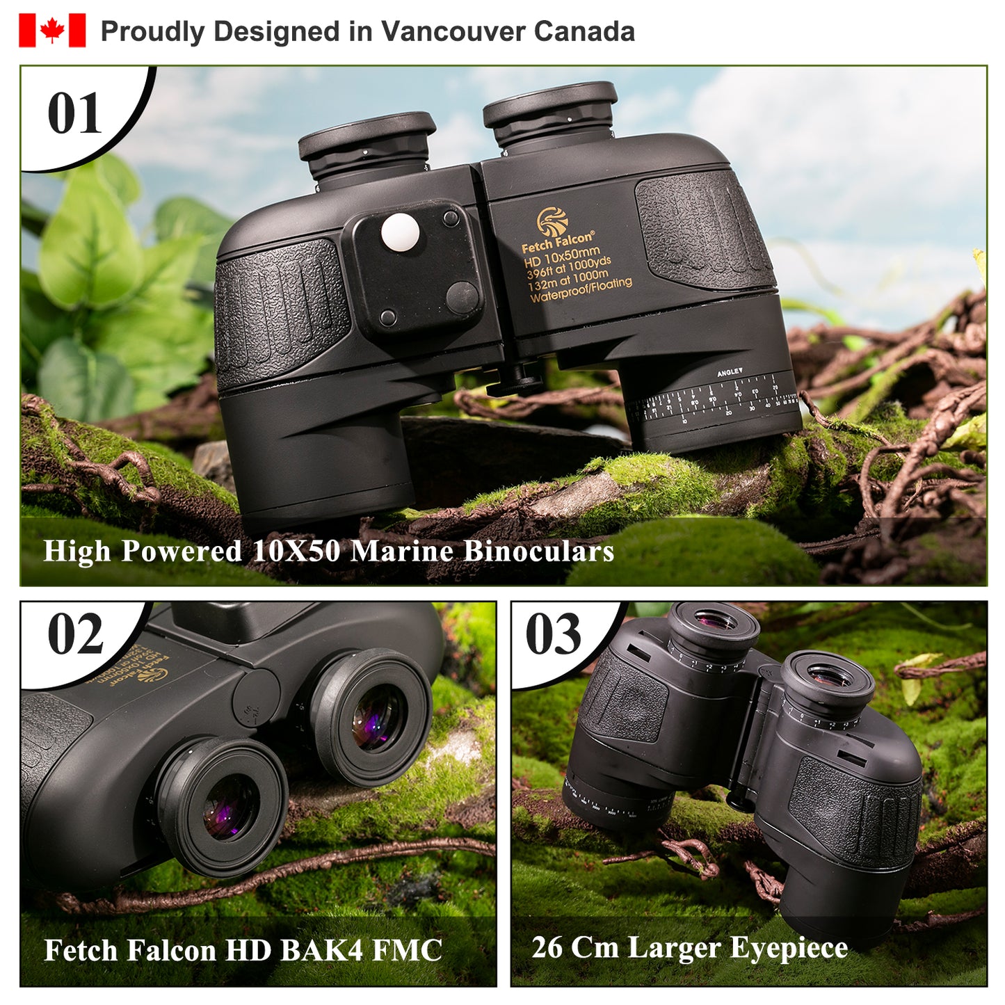10x50 BAK4 FMC Marine Binoculars - Nitrogen-Filled, IPX7 Waterproof, with Rangefinder, Digital Compass, and Temperature Display (Black)