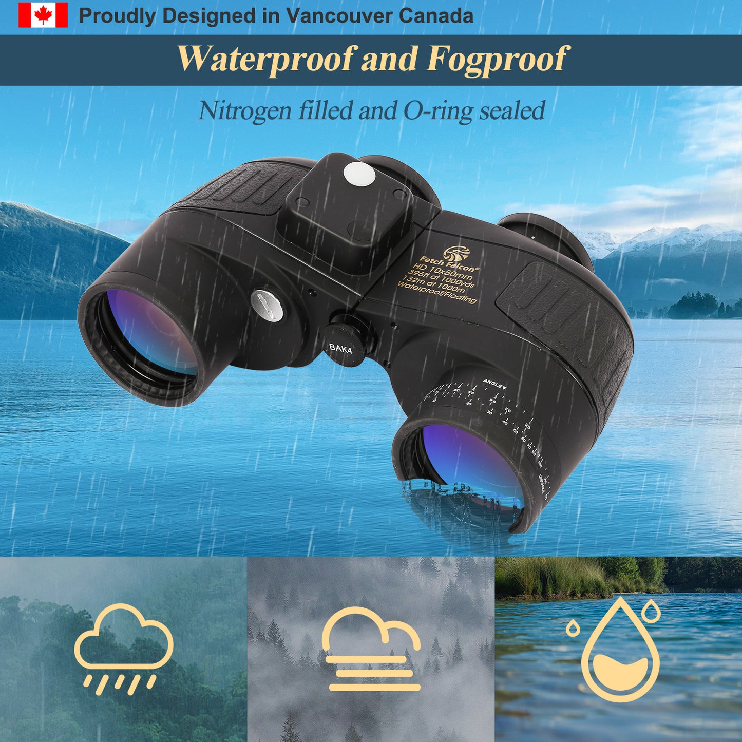 10x50 BAK4 FMC Marine Binoculars - Nitrogen-Filled, IPX7 Waterproof, with Rangefinder, Digital Compass, and Temperature Display (Black)