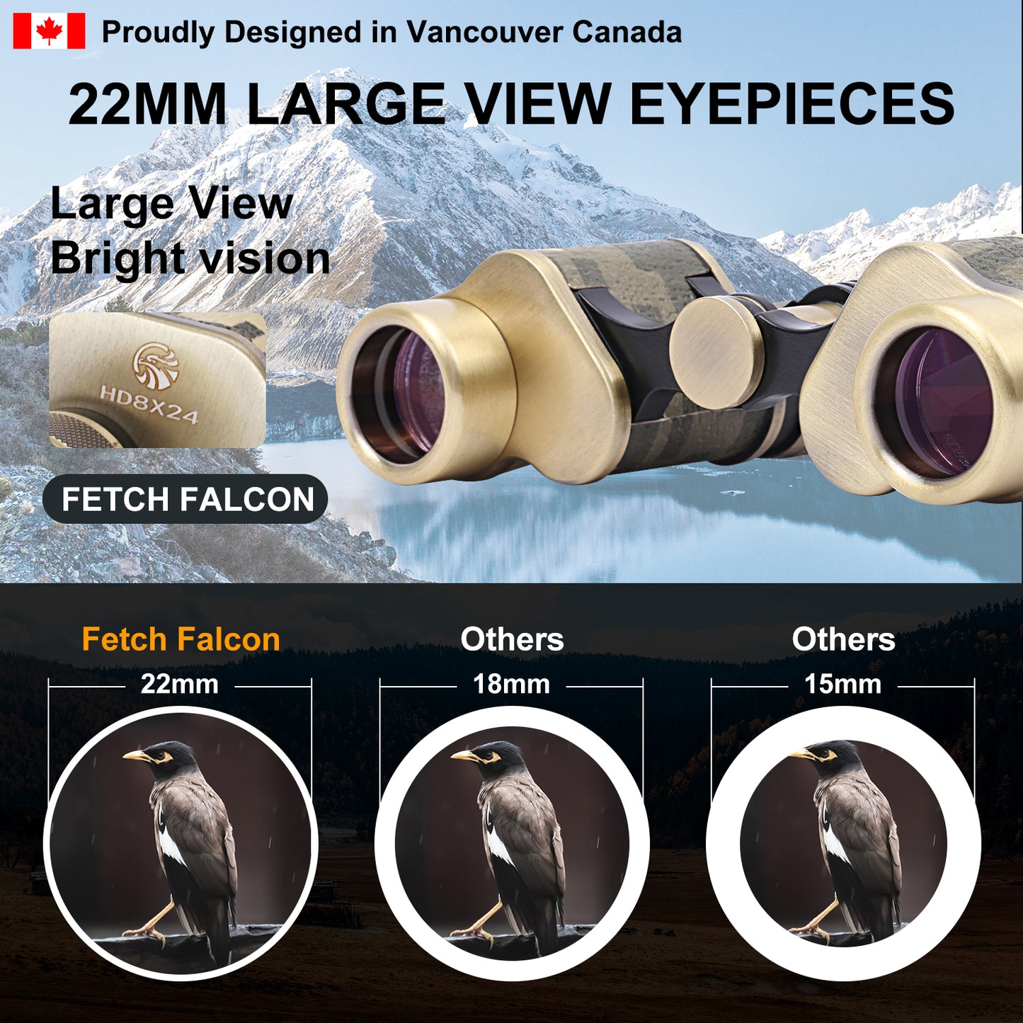 Binoculars Full Metal Body FMC BAK4 HD 8x24 (High-Powered, Water-resistance, and Portable) Ideal for Camping, Hunting, Tourism, and Mountain Climbing (Camo Bronze)