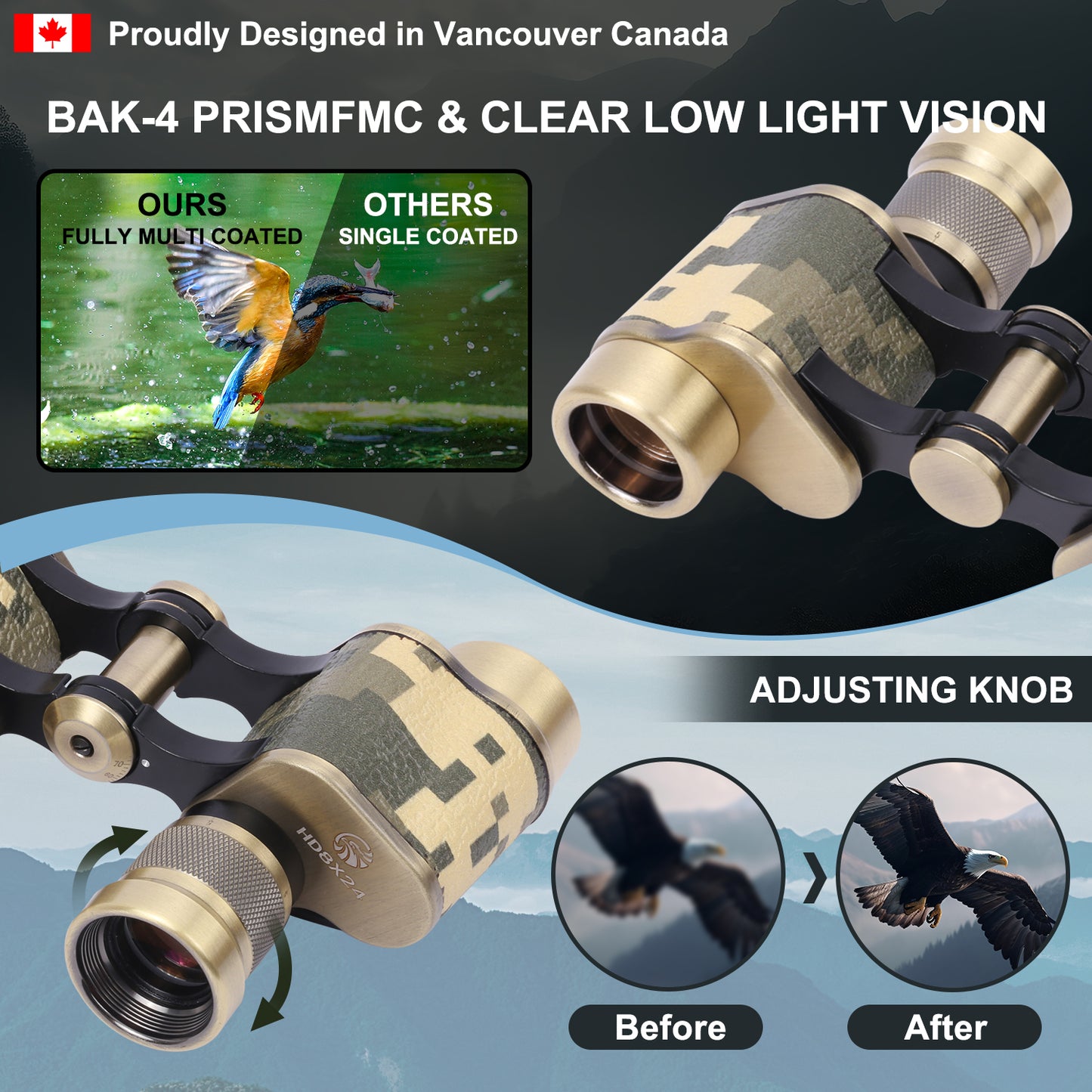 Binoculars Full Metal Body FMC BAK4 HD 8x24 (High-Powered, Water-resistance, and Portable) Ideal for Camping, Hunting, Tourism, and Mountain Climbing (Camo Bronze)