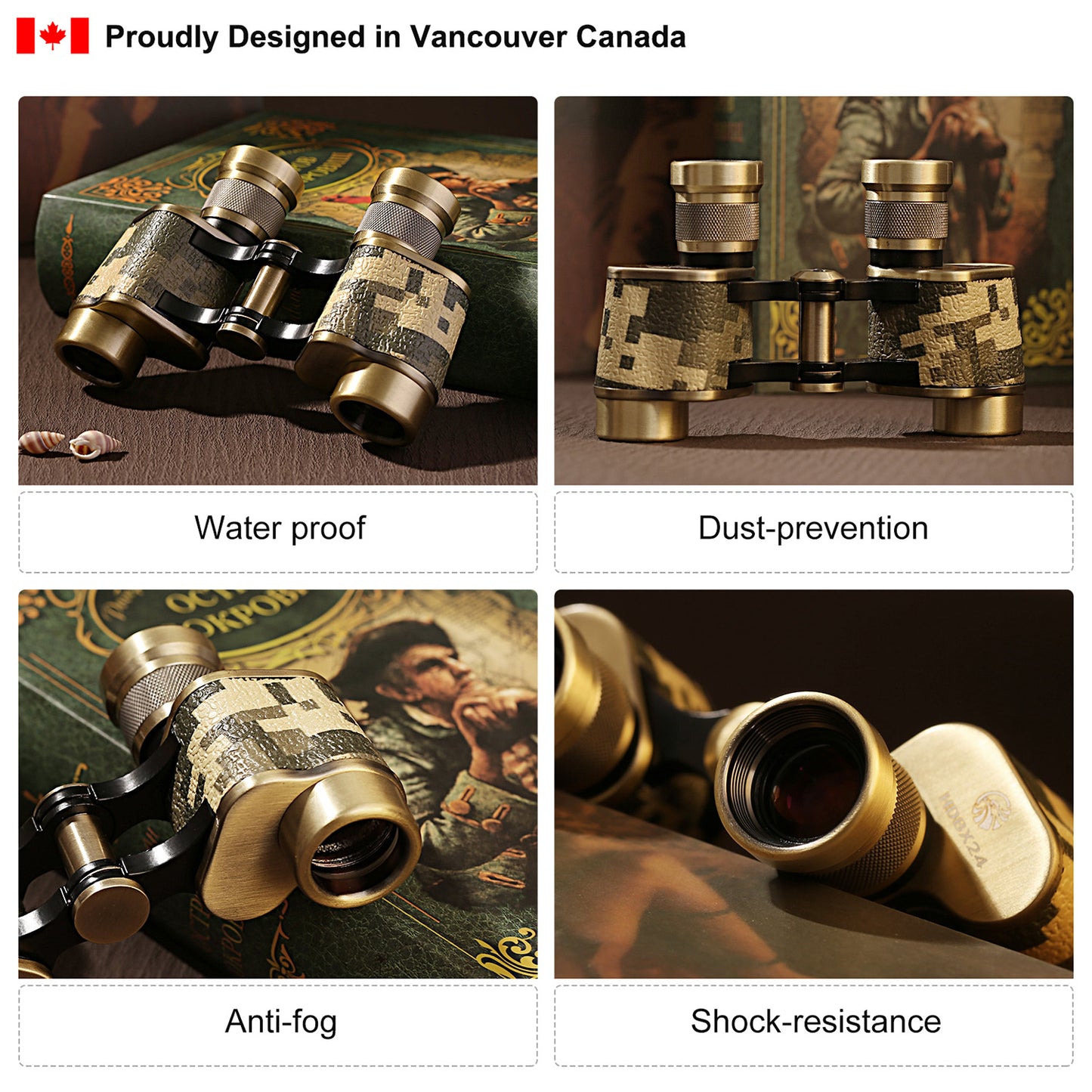 Binoculars Full Metal Body FMC BAK4 HD 8x24 (High-Powered, Water-resistance, and Portable) Ideal for Camping, Hunting, Tourism, and Mountain Climbing (Camo Bronze)