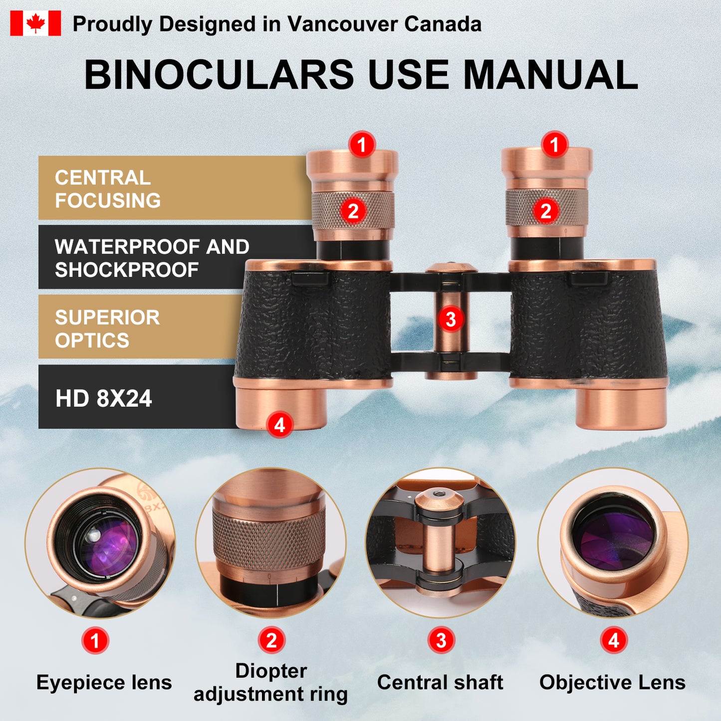 Full Metal Body Binoculars FMC BAK4 HD 8x24 (High-Powered, Water-resistance, and Portable) Ideal for Camping, Hunting, Tourism, and Mountain Climbing (Rose Bronze)