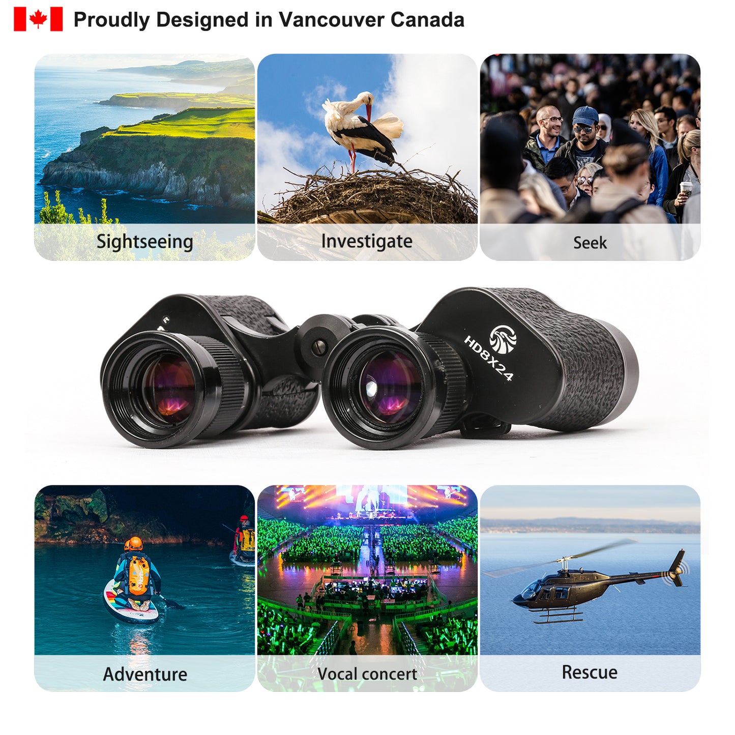 Binoculars Full Metal Body FMC BAK4 HD 8x24 (High-Powered, Water-resistance, and Portable) Ideal for Camping, Hunting, Tourism, and Mountain Climbing (Black)