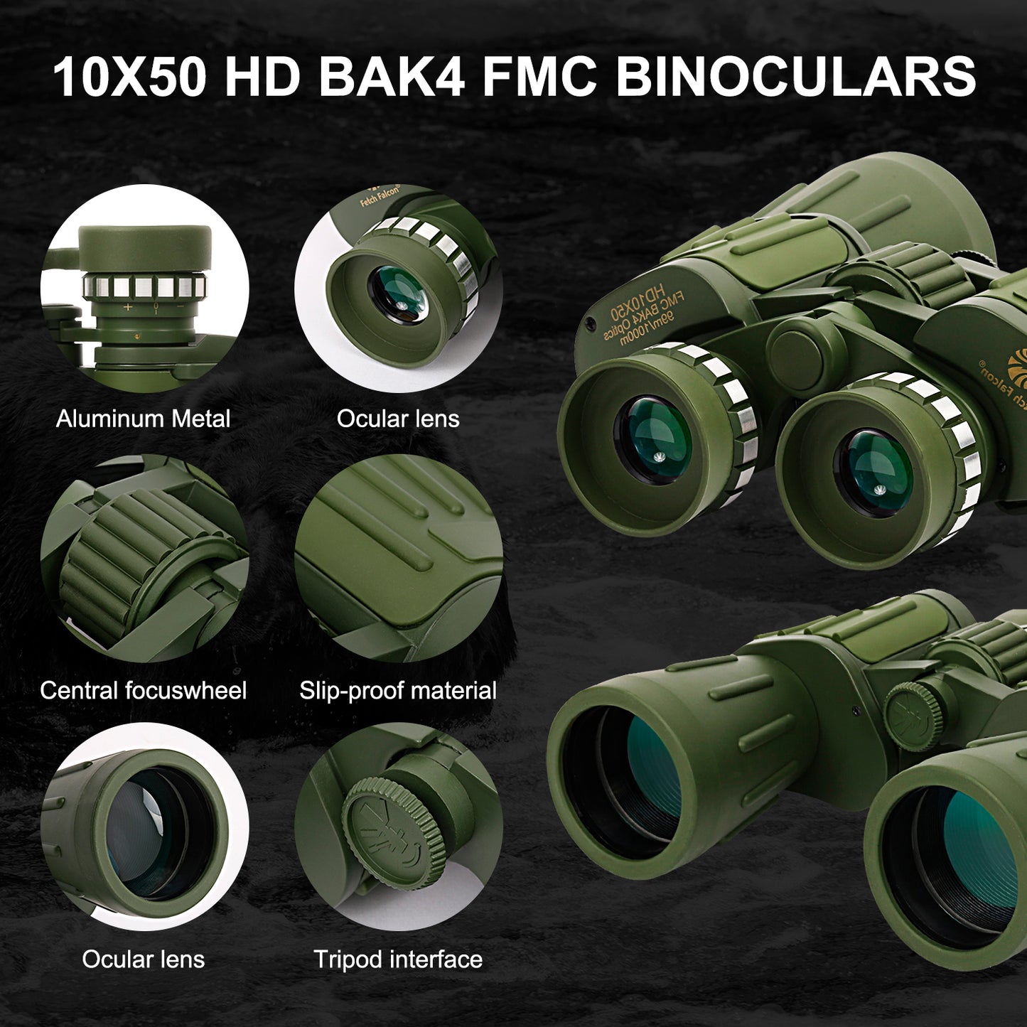 Fetch Falcon Aluminum Binoculars 10x50 BAK4 FMC (Third Generation, High Power Compact) for Travel Sightseeing, Bird Watching and Outdoor Sports (Army Green)