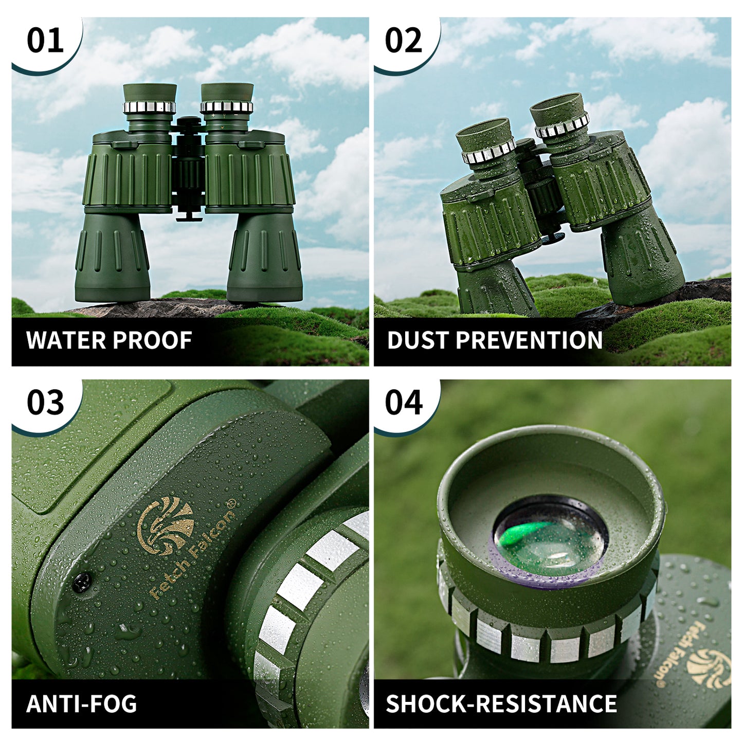 Fetch Falcon Aluminum Binoculars 10x50 BAK4 FMC (Third Generation, High Power Compact) for Travel Sightseeing, Bird Watching and Outdoor Sports (Army Green)