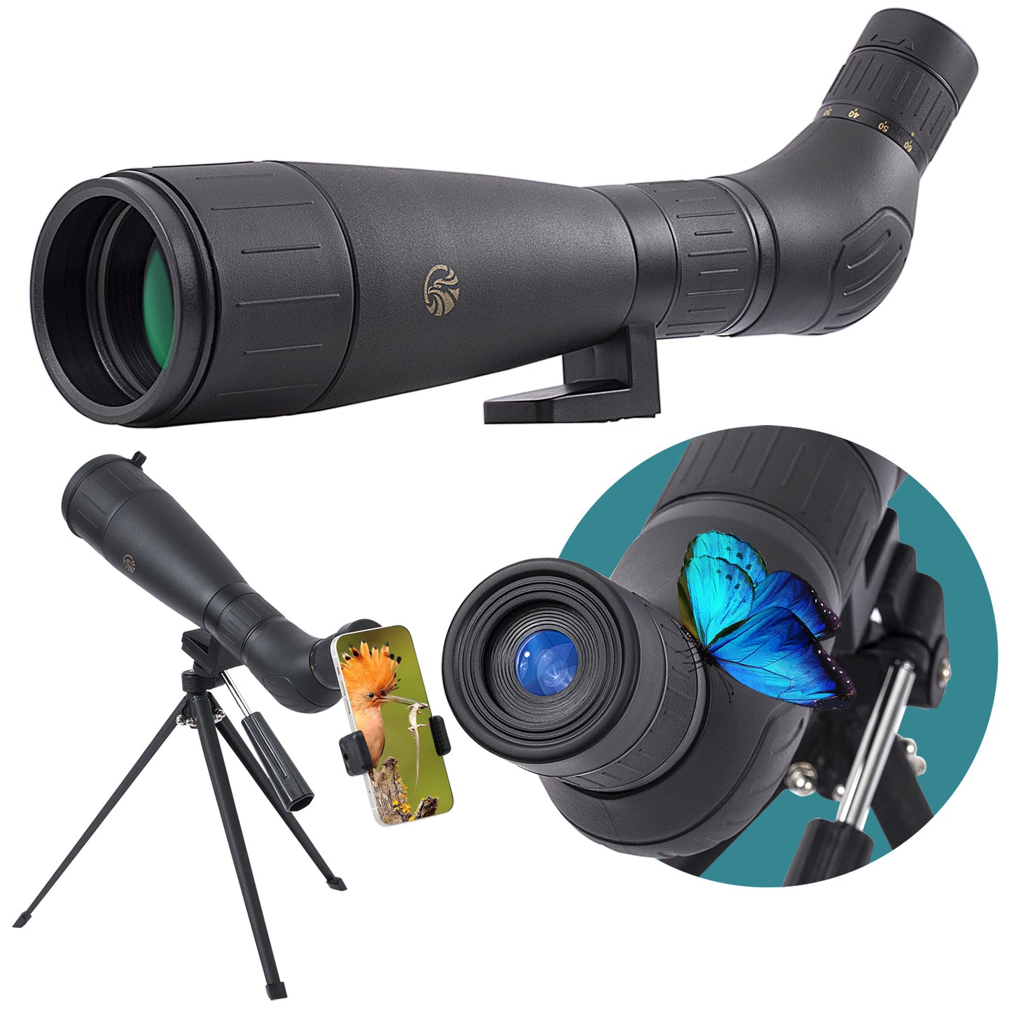 Spotting Scope 20-60X60 FMC HD Compact (Long Range Spotting, Water-Resistant) with Metal Tripod, Carry Bag, Phone Holder