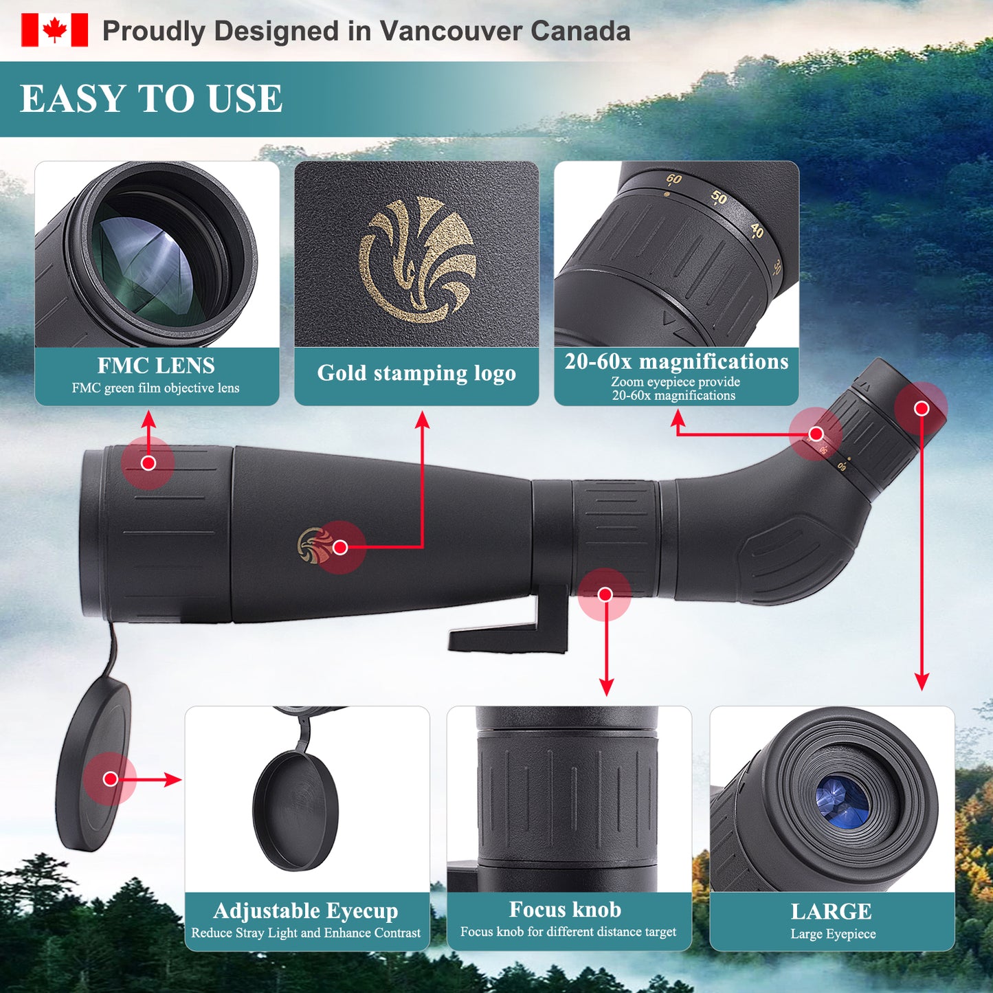 Fetch Falcon 20-60X60 FMC HD BAK4 Spotting Scopes (Water-Resistance Long Range Spotting) with Metal Tripod and Carry Bag (without Phone Holder)