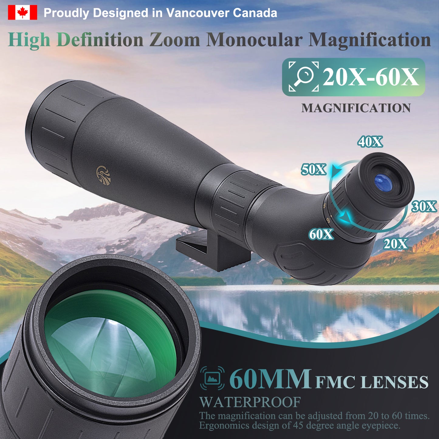 Fetch Falcon 20-60X60 FMC HD BAK4 Spotting Scopes (Water-Resistance Long Range Spotting) with Metal Tripod and Carry Bag (without Phone Holder)