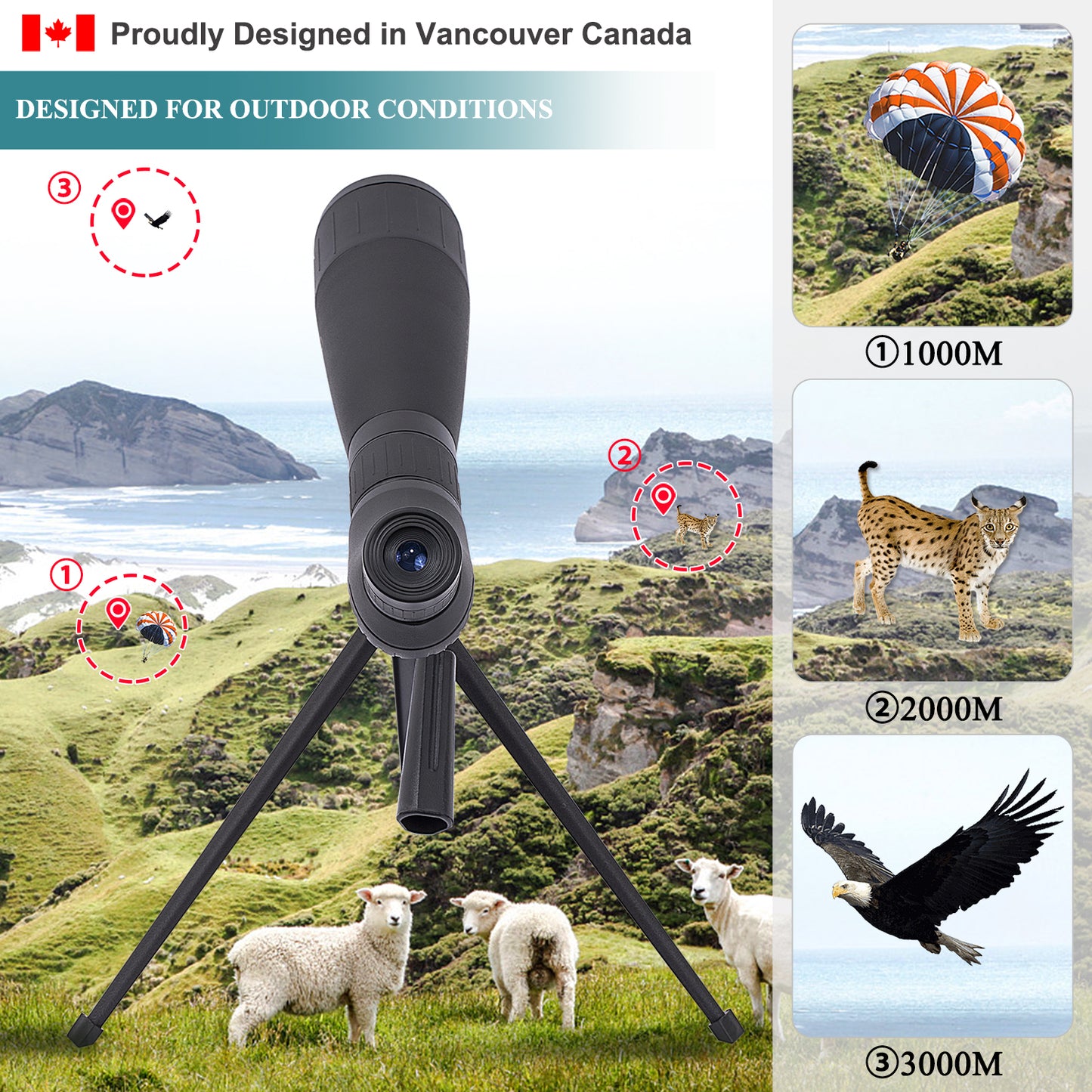 Spotting Scope 20-60X60 FMC HD Compact (Long Range Spotting, Water-Resistant) with Metal Tripod, Carry Bag, Phone Holder