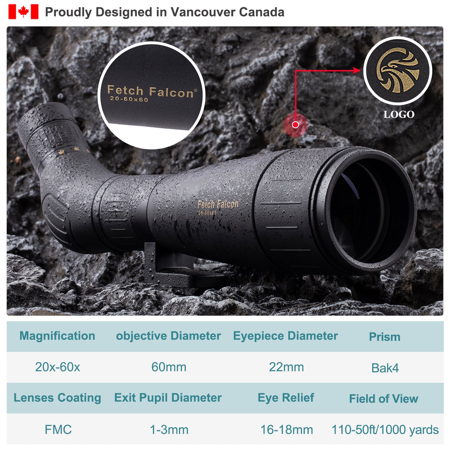 Fetch Falcon 20-60X60 FMC HD BAK4 Spotting Scopes (Water-Resistance Long Range Spotting) with Metal Tripod and Carry Bag (without Phone Holder)