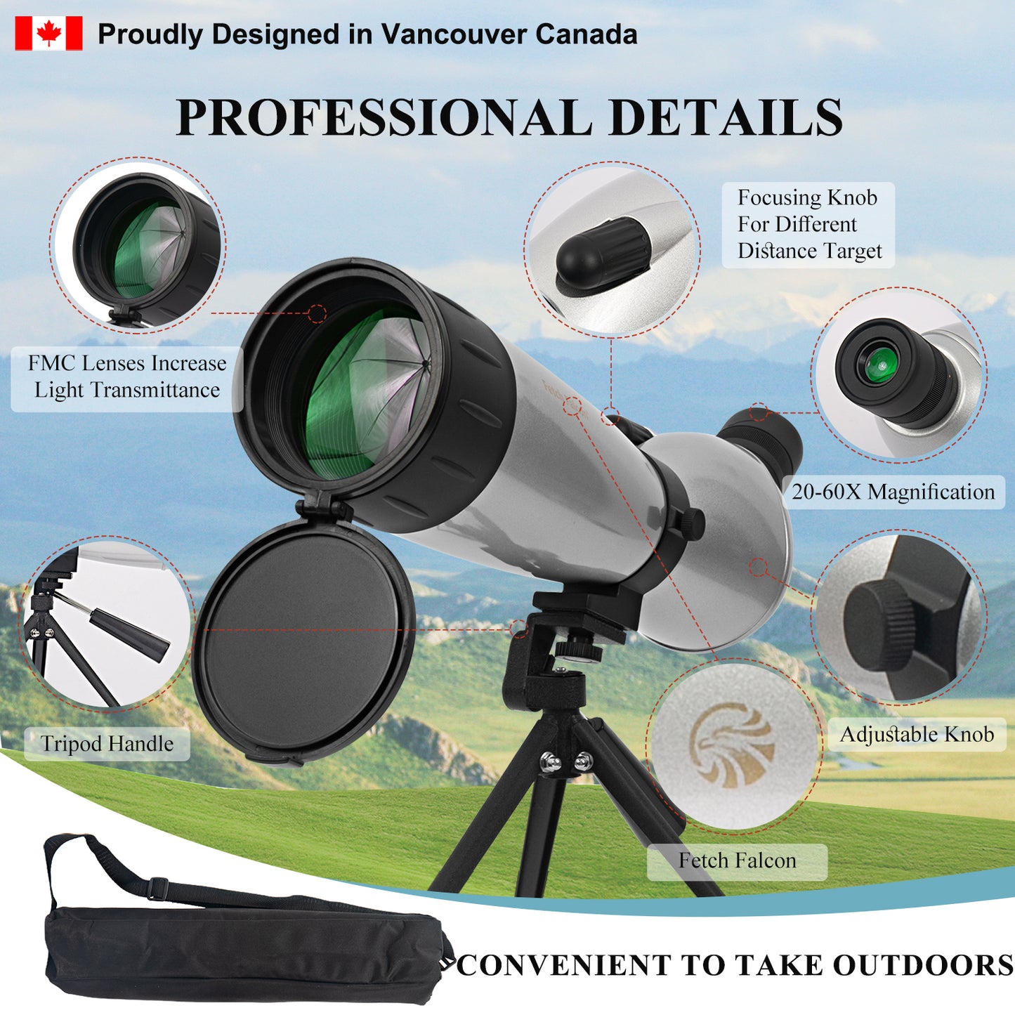 Spotting Scope 25-75X75 FMC HD BAK4 (Water-Resistance, Long Range Spotting) with Metal Tripod and Carry Bag (with Phone Holder)