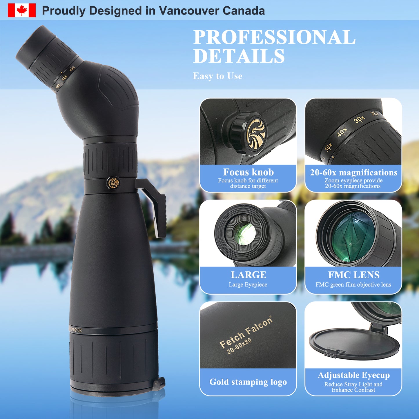 Spotting Scope 20-60X80 FMC HD BAK4 (Long Range Spotting, Water-Resistant) with Metal Tripod, Carry Bag, Phone Holder
