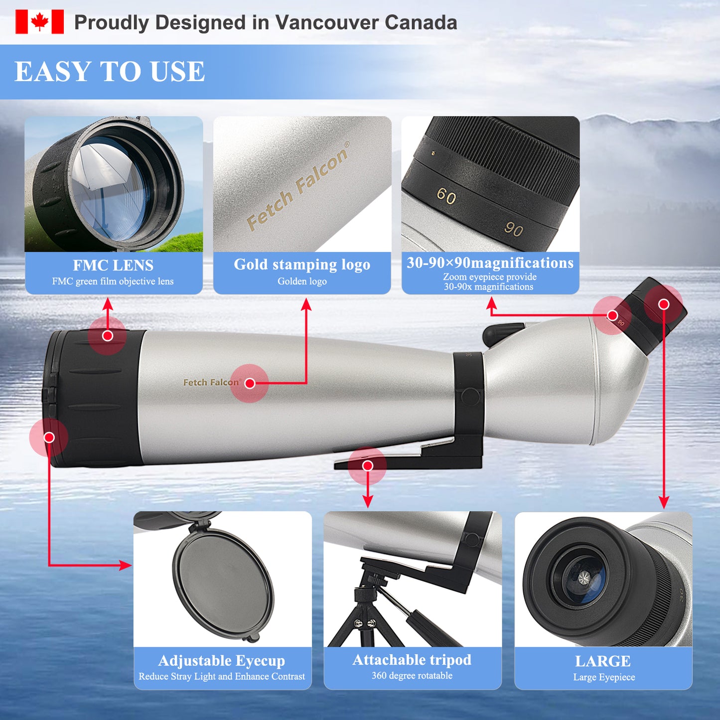 Spotting Scopes 30-90X90 FMC HD BAK4 (Long Range Spotting, Water-Resistance) with Metal Tripod and Carry Bag (with Phone Holder)