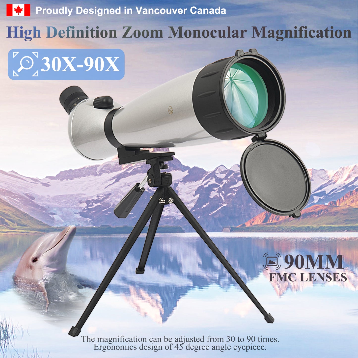 Spotting Scopes 30-90X90 FMC HD BAK4 (Long Range Spotting, Water-Resistance) with Metal Tripod and Carry Bag (with Phone Holder)
