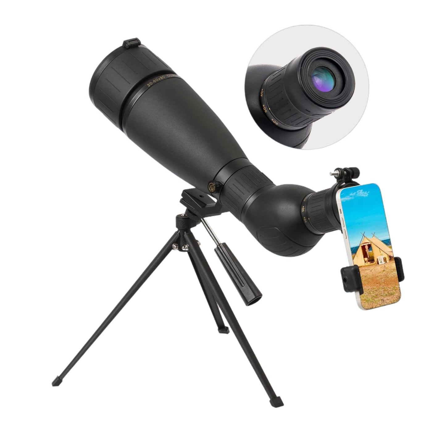 Spotting Scope 20-60X80 FMC HD BAK4 (Long Range Spotting, Water-Resistant) with Metal Tripod, Carry Bag, Phone Holder