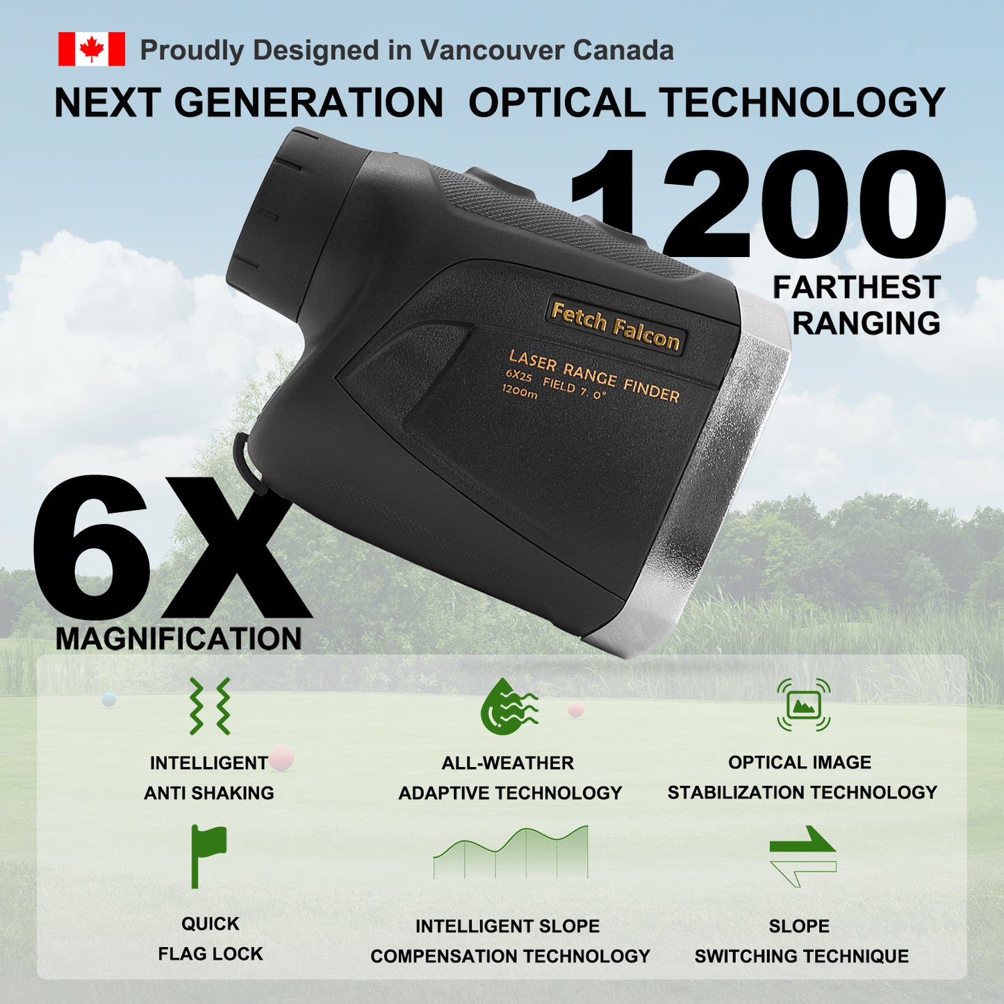Fetch Falcon Golf Rangefinder LCD (High Precision, Slope Mode with Scan) Pole Flag Locking Vibration (LCD 1200 YD Golf Laser Rangefinder Black)