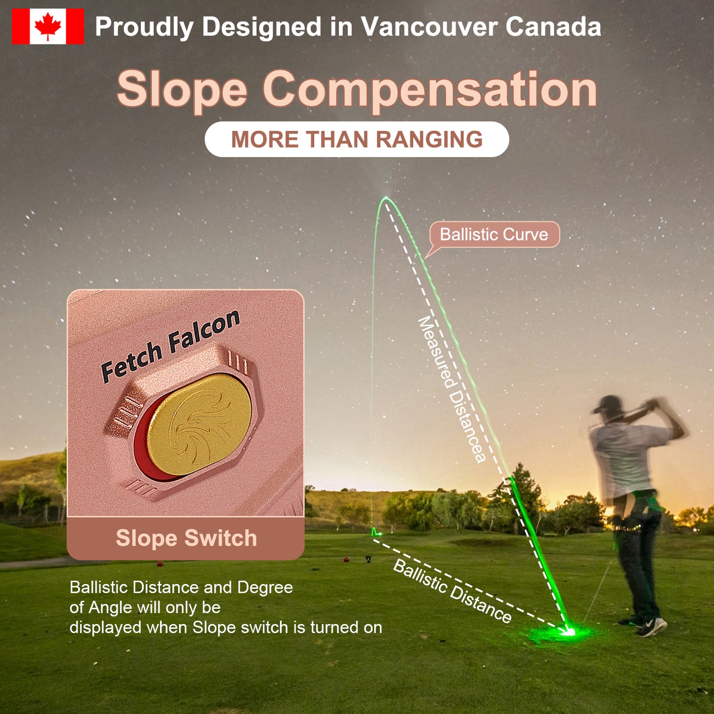 Fetch Falcon Rechargeable Golf Rangefinder – High Precision 1000 YD LCD Display, Slope Mode, 6X Magnification, Pole Flag Locking, Vibration (Rose Gold)