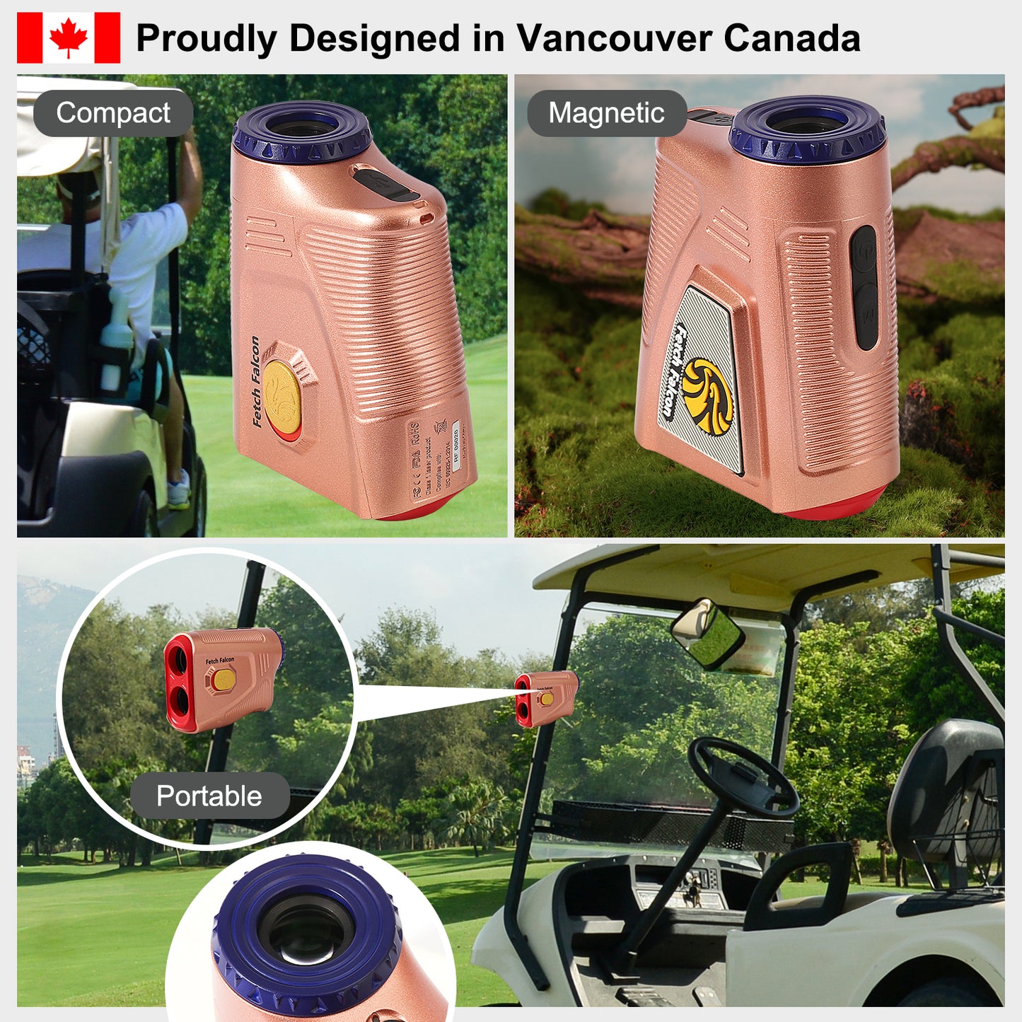 Fetch Falcon Rechargeable Golf Rangefinder – High Precision 1000 YD LCD Display, Slope Mode, 6X Magnification, Pole Flag Locking, Vibration (Rose Gold)