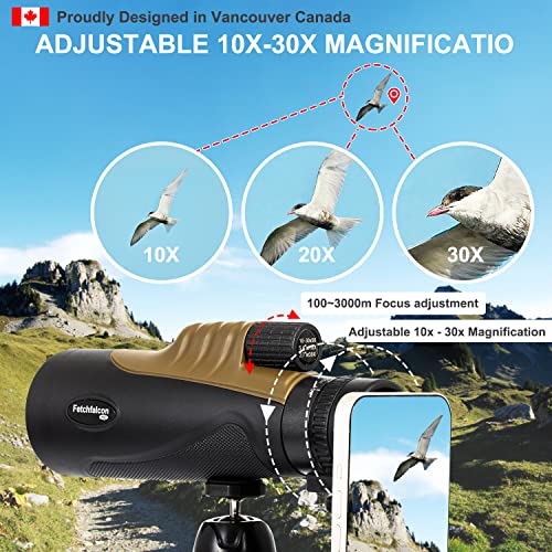 Fetch Falcon 10-30x50 High Power FMC BAK4 HD Zoom Monocular with Smartphone Adapter, Tripod, Hand Strap for Star Bird Watching Wildlife Travel Camping Hiking