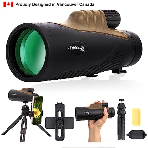 Monoculaire Fetch Falcon 12x50 HD FMC (cinquième génération, haute puissance, étanche) avec support pour smartphone conçu, trépied, dragonne (HD Ancient)