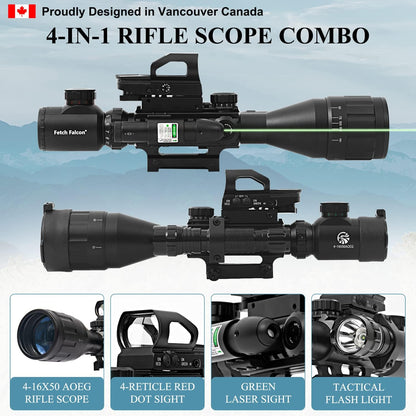 Fetch Falcon 4-16X50 Rifle Scope with Red/Green Reticle and Rangefinder- AOGE Rifle Scopes for Hunting,Airsoft and Pellet Guns,Waterproof and Fog-Proof