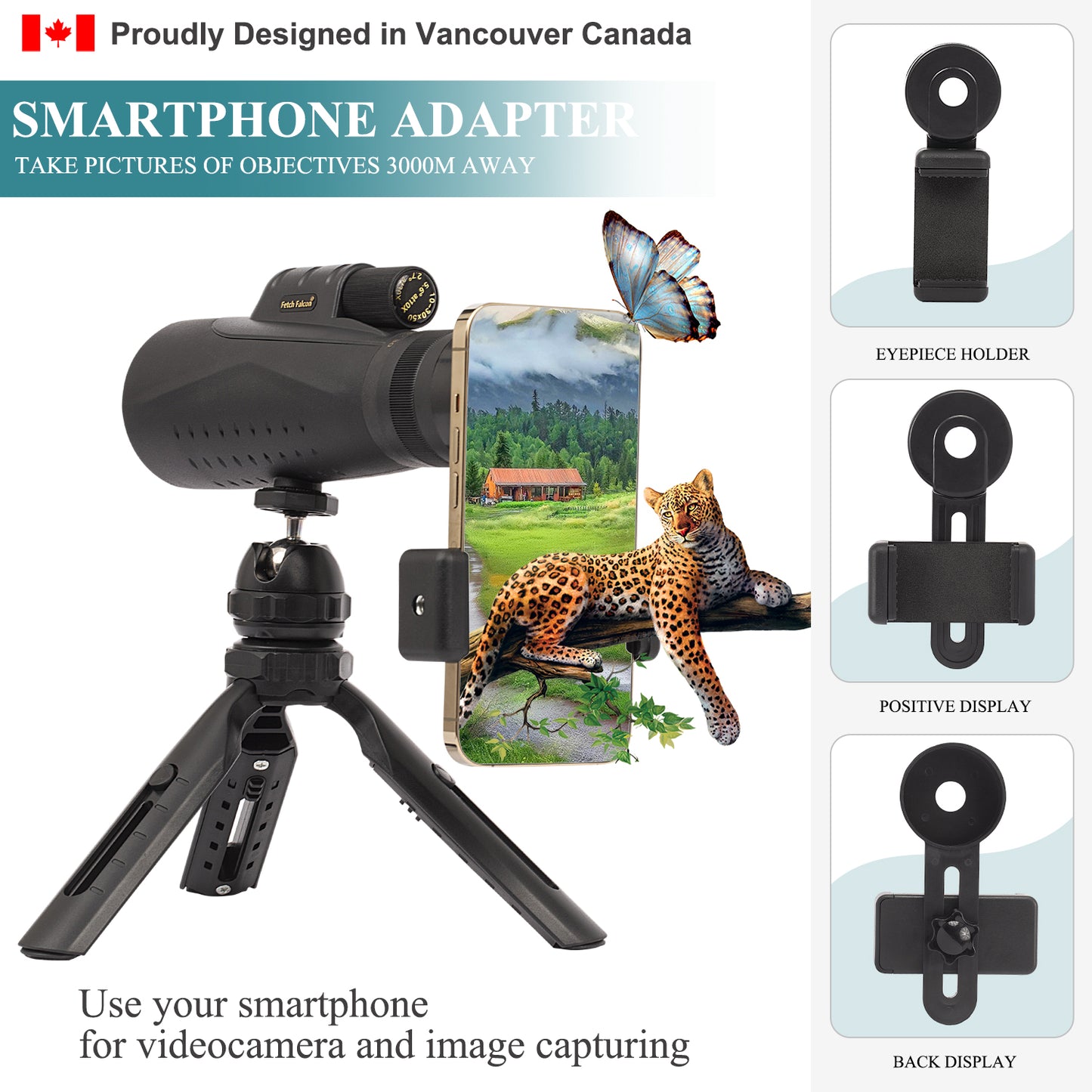 Monoculaire zoom 10-30x50 - HD, résistant à l'eau, avec trépied et adaptateur pour téléphone