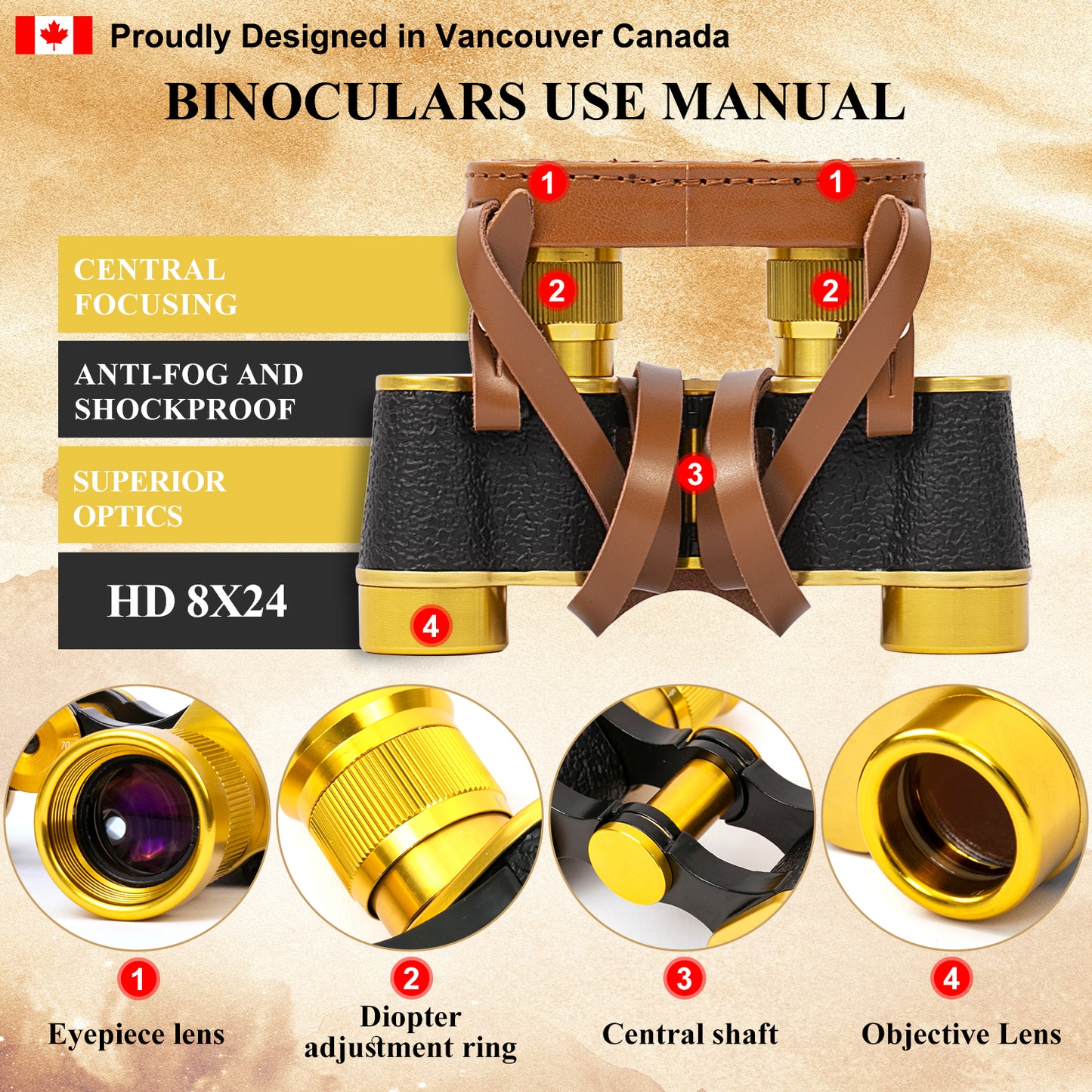 Binoculars Full Metal Body FMC BAK4 HD 8x24 (High-Powered, Water-resistance, and Portable) Ideal for Camping, Hunting, Tourism, and Mountain Climbing (Gold)