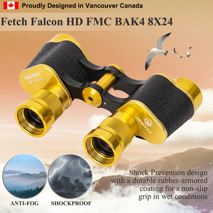 Binoculars Full Metal Body FMC BAK4 HD 8x24 (High-Powered, Water-resistance, and Portable) Ideal for Camping, Hunting, Tourism, and Mountain Climbing (Gold)