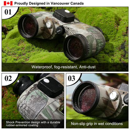 10x50 BAK4 FMC Marine Binoculars - Nitrogen-Filled, IPX7 Waterproof, with Rangefinder, Digital Compass, Temperature Display, Harness (Camouflage Cloak)