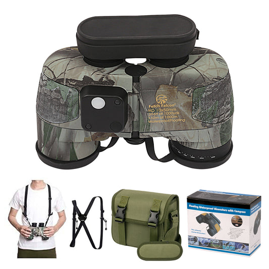 10x50 BAK4 FMC Marine Binoculars - Nitrogen-Filled, IPX7 Waterproof, with Rangefinder, Digital Compass, Temperature Display, Harness (Camouflage Cloak)