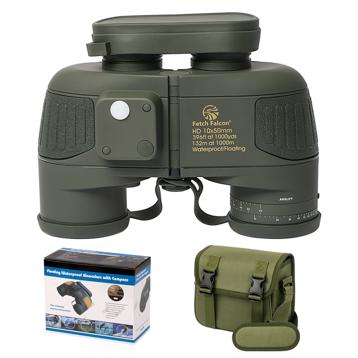 Jumelles marines 10x50 BAK4 FMC - Remplies d'azote, étanches IPX7, avec télémètre, boussole numérique et affichage de la température (vert armée)