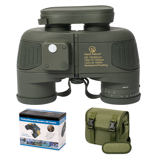 10x50 BAK4 FMC Marine Binoculars - Nitrogen-Filled, IPX7 Waterproof, with Rangefinder, Digital Compass, and Temperature Display (Army Green)