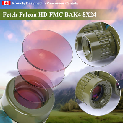 Binoculars Full Metal Body FMC BAK4 HD 8x24 (High-Powered, Water-resistance, and Portable) Ideal for Camping, Hunting, Tourism, and Mountain Climbing (Camo Green)