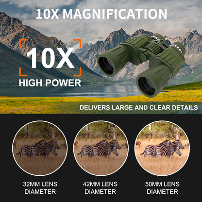 Fetch Falcon Aluminum Binoculars 10x50 BAK4 FMC (Third Generation, High Power Compact) for Travel Sightseeing, Bird Watching and Outdoor Sports (Army Green)
