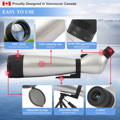 Spotting Scopes 30-90X90 FMC HD BAK4 (Long Range Spotting, Water-Resistance) with Metal Tripod and Carry Bag (with Phone Holder)