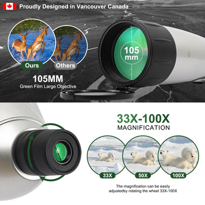 Spotting Scope 33-100X100 FMC HD BAK4 (Long-Range) with Metal Tripod, Protective Case, Phone Adapter