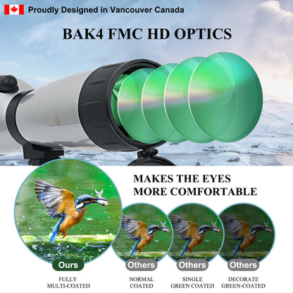 Spotting Scope 33-100X100 FMC HD BAK4 (Long-Range) with Metal Tripod, Protective Case, Phone Adapter