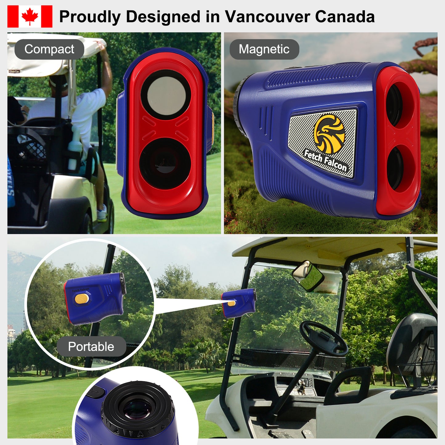 Fetch Falcon Rechargeable Golf Rangefinder – High Precision 1000 YD LCD Display, Slope Mode, 6X Magnification, Pole Flag Locking, Vibration (Navy blue)