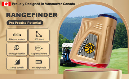 Golf Rangefinder (Rechargeable Battery) 1200 Yards Laser Distance Finder with Slope Mode, Flag Lock Vibration, 6X Magnification, High Precision LCD Display (Mermaid Gold)