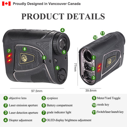 Fetch Falcon OLED Laser Golf Rangefinder - Up to 2500 Yards, 6x Magnification (Black)