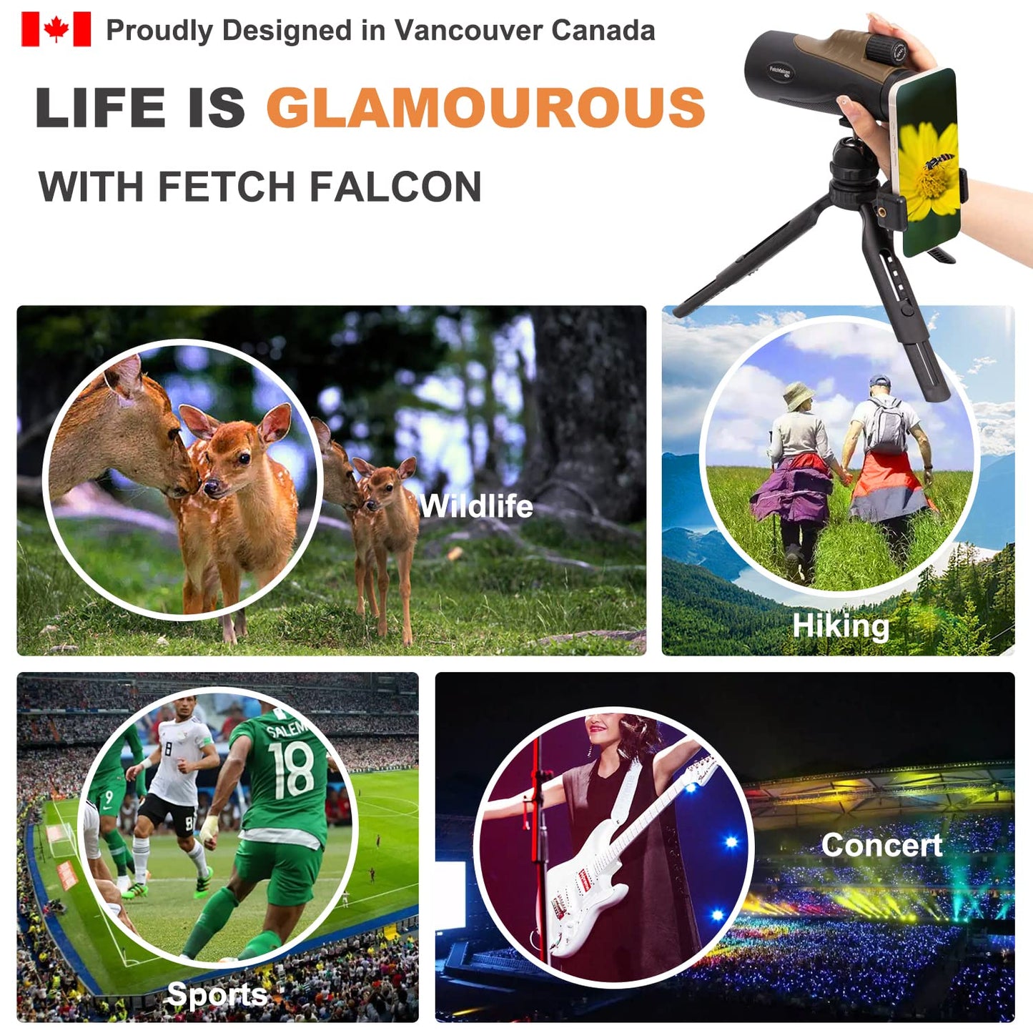 Fetch Falcon 10-30x50 FMC BAK4 HD Zoom monoculaire haute puissance avec adaptateur pour smartphone, trépied, dragonne pour l'observation des étoiles, des oiseaux, de la faune, des voyages, du camping, de la randonnée